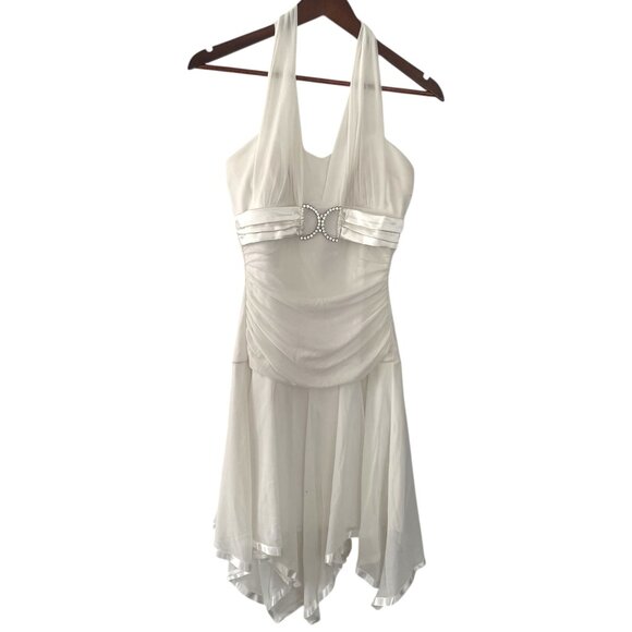 Vtg Y2K Taboo Ruched Mesh Halter Dress M White Handkerchief Hem Old Hollywood - Picture 1 of 7
